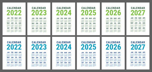 Calendar 2022, 2023, 2024, 2025, 2026 and 2027. English vector set. Vertical wall or pocket calender template. Week starts on Sunday