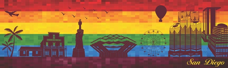 San Diego on LGBT flag background - illustration, 
Town in Rainbow background, 
Vector city skyline silhouette