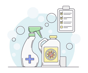 Pandemic with Antibacterial Agent and Sanitizer Bottle as Safety Measure Line Vector Illustration