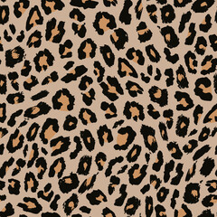 Leopard skin seamless pattern. Wild animal realistic fur design. Vector illustration of jungle wildlife. Endless exotic texture.