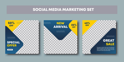 Editable post template social media banners for digital marketing set bundle. Blue and yellow background color with stripe line shape. Suitable for social media posts and web or internet ads