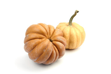 Pumpkins isolated on white background. Two whole ribbed pumkins