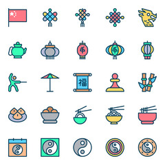 Filled color outline icons for chinese culture.