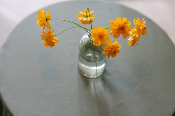 selective focus yellow-orange flowers High angle in a glass vase placed on a table decorated in a vintage coffee shop. Restaurant concept on a day without customers lonely day