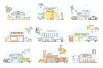 Municipal Services or City Services for Citizens with Police and Bank Department Vector Set
