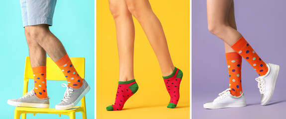 Young man in stylish shoes and orange socks on color background