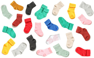 Collection of baby socks on white background