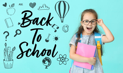 Little schoolgirl on color background