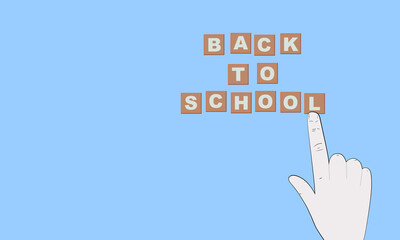 Illustration text phrase Back to school. Imitation of laying out words by hand from tablets with letters. Blue background. Concept day of new school season, college.