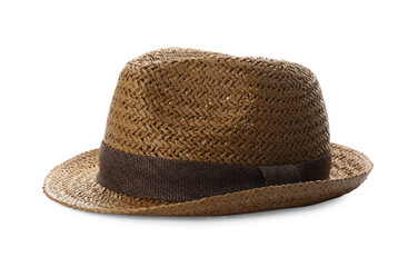 Stylish brown straw hat isolated on white