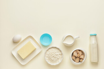Ingredients for preparing bakery on light background