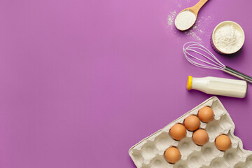 Ingredients for preparing bakery on color background