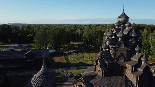 Flight over the Intercession Church in the ethno park Bogoslovka estate.