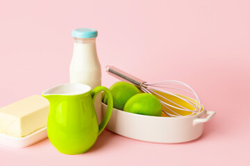 Ingredients for preparing bakery on color background