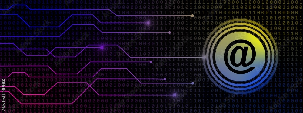 Poster at sign with information connecting lines on binary code background - internet technology concept - 