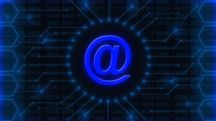 AT sign in middle of 4-digit binary code behind information connecting lines between honeycomb elements - Information technology concept - 3D Illustration