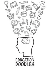 Human head with education doodles icons collection