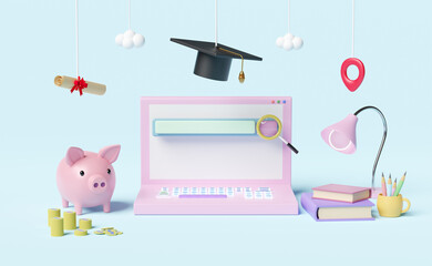 computer with search bar,magnifying,hat graduation,money coins,diploma rolled,piggy bank saving isolated on blue background.investment education or scholarships concept,3d illustration or 3d render