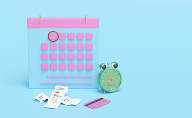 cartoon character alarm clock wake-up time morning with calendar,invoice or paper check receipt,space isolated on blue background.concept 3d illustration or 3d render
