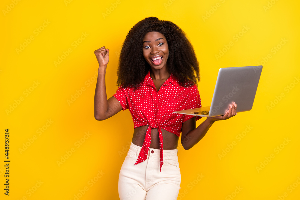 Sticker Photo of nice hooray brown hair lady hold laptop wear shirt isolated on yellow color background