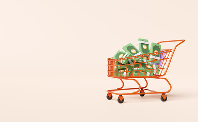 dollar banknote pile with shopping cart isolated on pink background ,economic movements or business finance concept ,3d illustration or 3d render