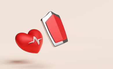 red heart and blood pressure heart rate with shield isolated on pink background.health love or world heart day concept, 3d illustration or 3d render