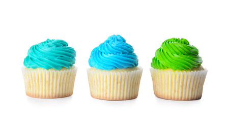 Tasty Birthday cupcakes on white background