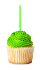 Tasty Birthday cupcake with candle on white background