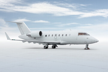 Modern white corporate business jet isolated on light background with sky