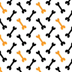 Bones are black and orange on a white background. Flat vector pattern. Cute animal theme