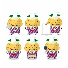 Naklejka premium Cartoon character of cupcake with holly berry with various chef emoticons