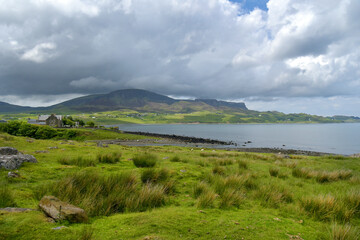 Fototapeta na wymiar Quiraing range seen from Staffin Bay, Isle of Skye, Inner Hebrides, Scotland 