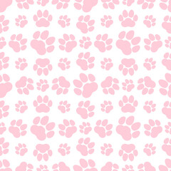 Pink paw print seamless repeating background pattern. Cat or dog footprints. Vector illustration. 