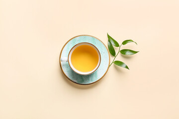 Cup of tea and green leaves on color background