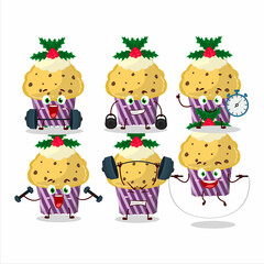 Fototapeta premium A healthy cupcake with holly berry cartoon style trying some tools on Fitness center