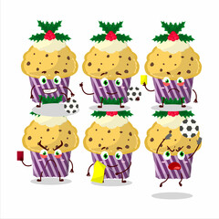 Cupcake with holly berry cartoon character working as a Football referee