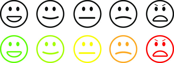 Basic emoticons set. Facial expression of feedback scale - from positive to negative. Simple coloured vector icons.