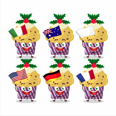Cupcake with holly berry cartoon character bring the flags of various countries