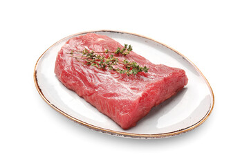 Plate with raw beef brisket on white background