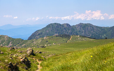 Obraz premium View of Argentea Refuge on Mount Argentea, a mountain in the Ligurian Apennines, 1,082 metres high, in the western part of the province of Genoa, Italy.