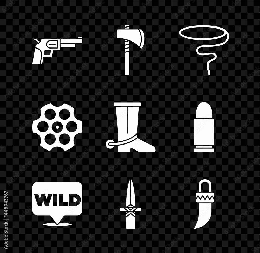 Poster set revolver gun, tomahawk axe, lasso, pointer to wild west, dagger, tooth, cylinder and cowboy boot