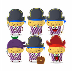 Cartoon character of cupcake with holly berry with various pirates emoticons