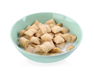 Tasty corn pads with milk in bowl isolated on white
