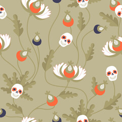 Day of the dead pattern with skulls and flowers on a pale green background
