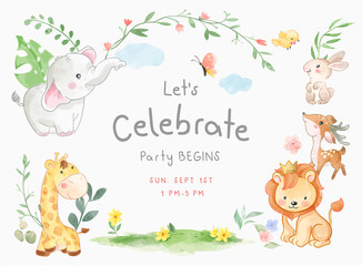 celebrate party card template with cute animals illustration - obrazy, fototapety, plakaty