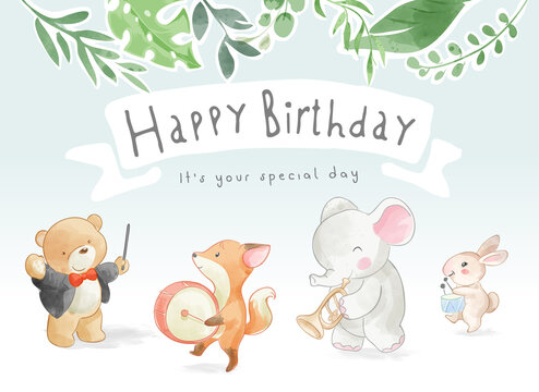happy birthday slogan with cute animals music parade illustration 