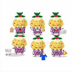 A Rich cupcake with holly berry mascot design style going shopping