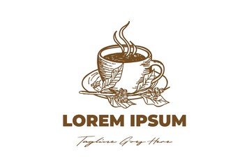 Retro Vintage Hand Drawn Coffee Cup with Coffee Bean for Cafe Restaurant or Farm Product Logo Design