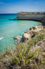 Fototapeta na wymiar The Punticeddha Beach or Spiaggia Punticeddha of Sant'Andrea, Salento Adriatic sea coast, Apulia, Italy. Beautiful shore with cliffs and rocks of Puglia. Blue water, Summer day, top view, no people