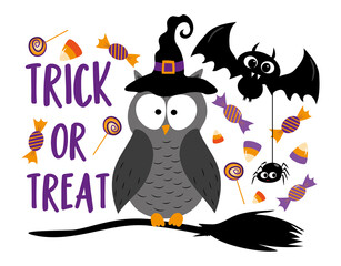 Trick or treat- Cute owl , bat, and spider with witch's hat, broom, and candies. Good for party invitation card, poster, T shirt print, label and decoration.